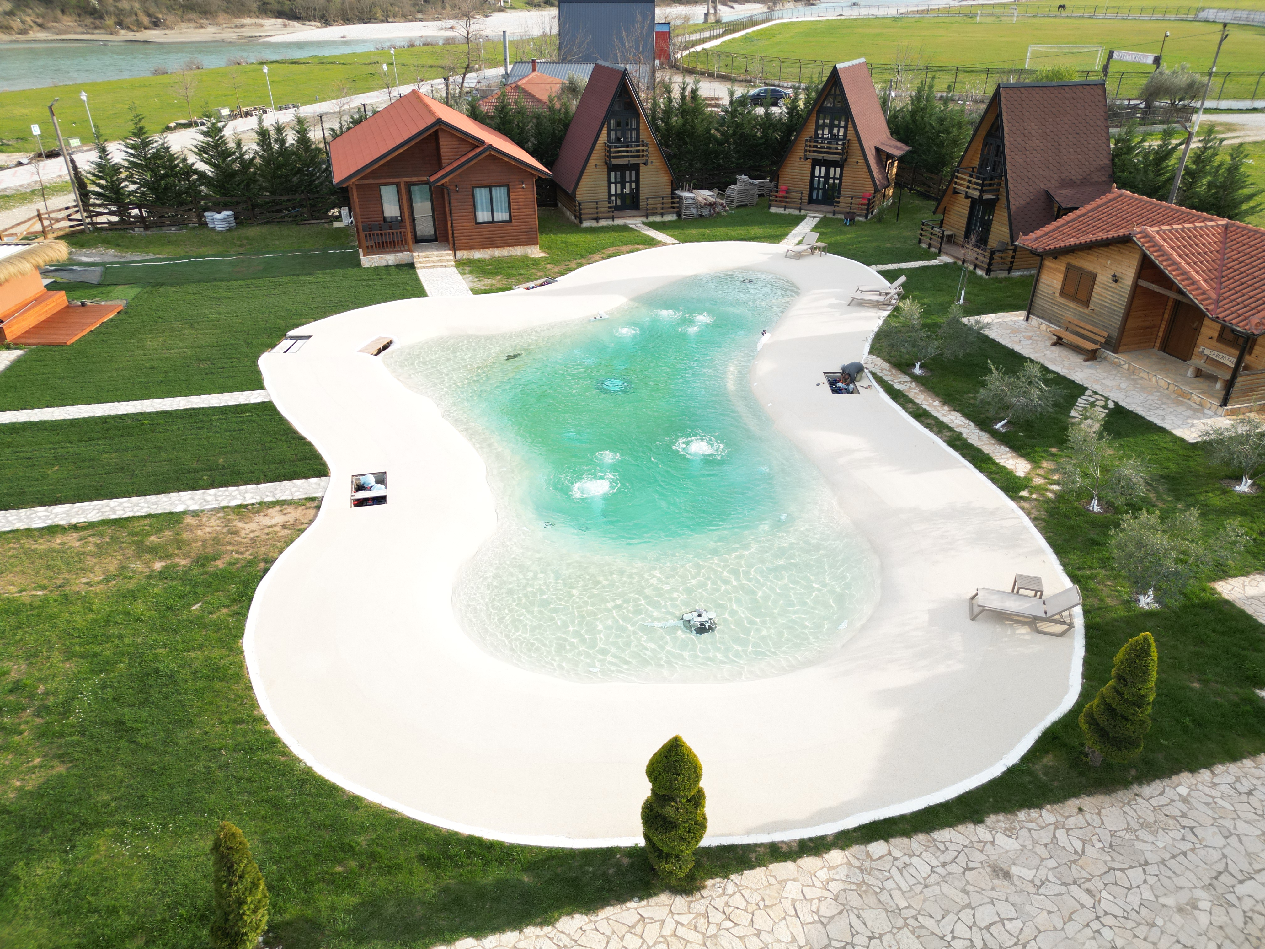 Aerial view of beach pool at Sancho Farm