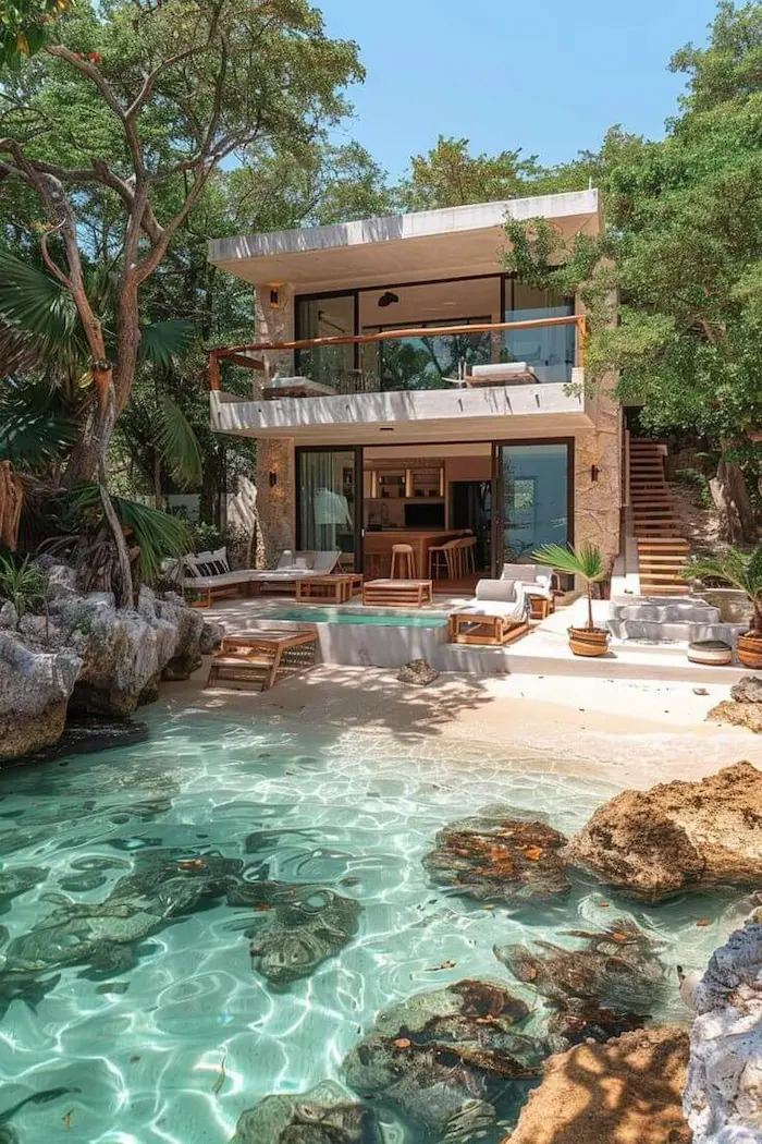Modern villa with private beachfront pool and tropical landscaping