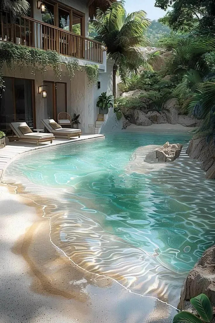 Secluded beach pool blending into natural surroundings with sand entry